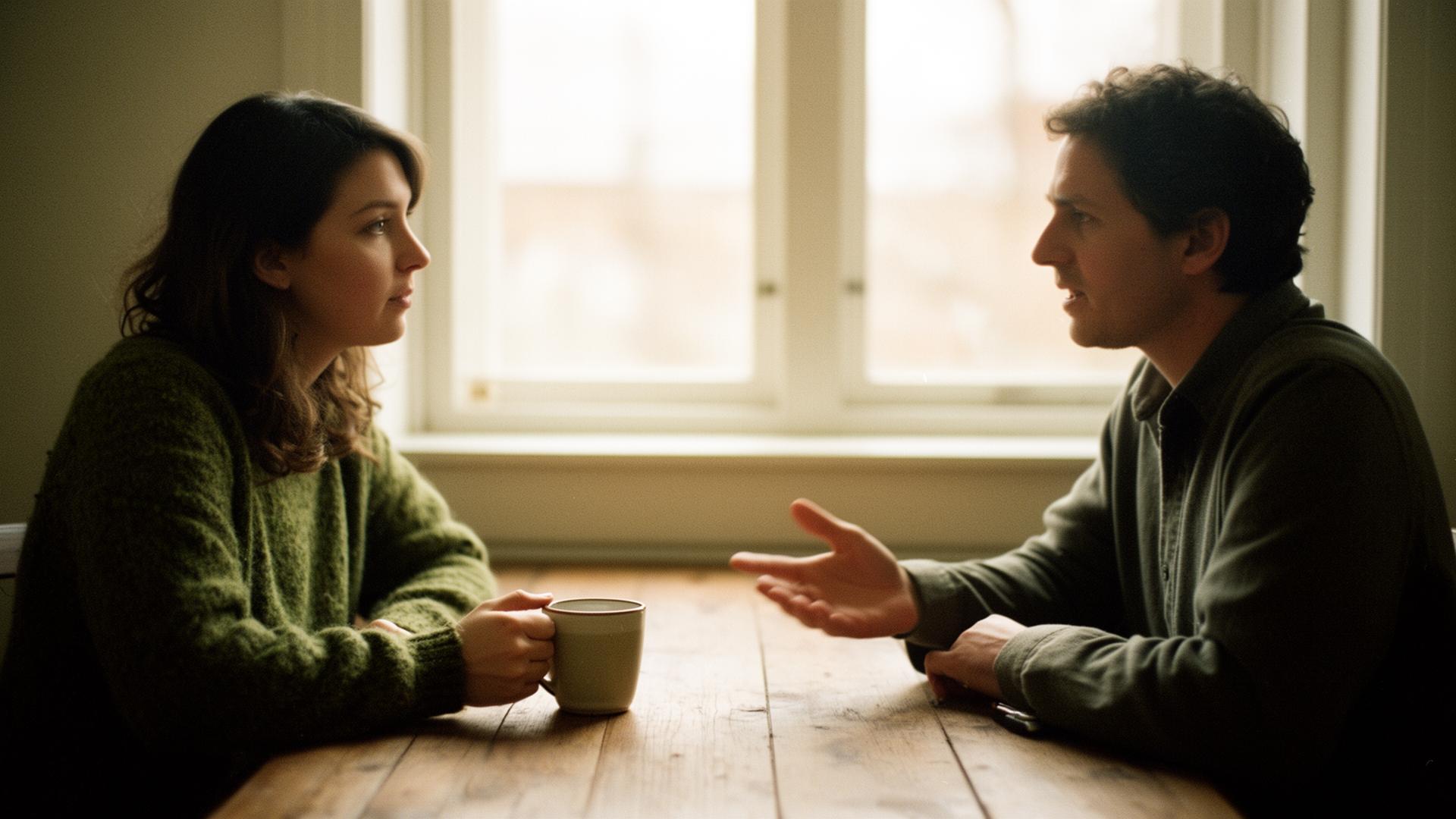 Two people in conversation across a wooden table, holding coffee