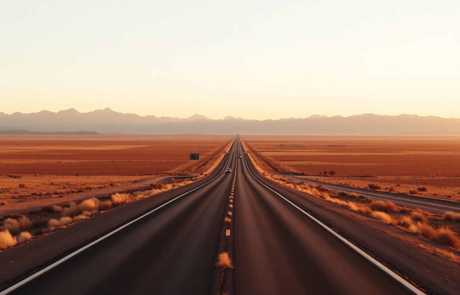 Wide open American highway stretching toward distant mountains at golden hour